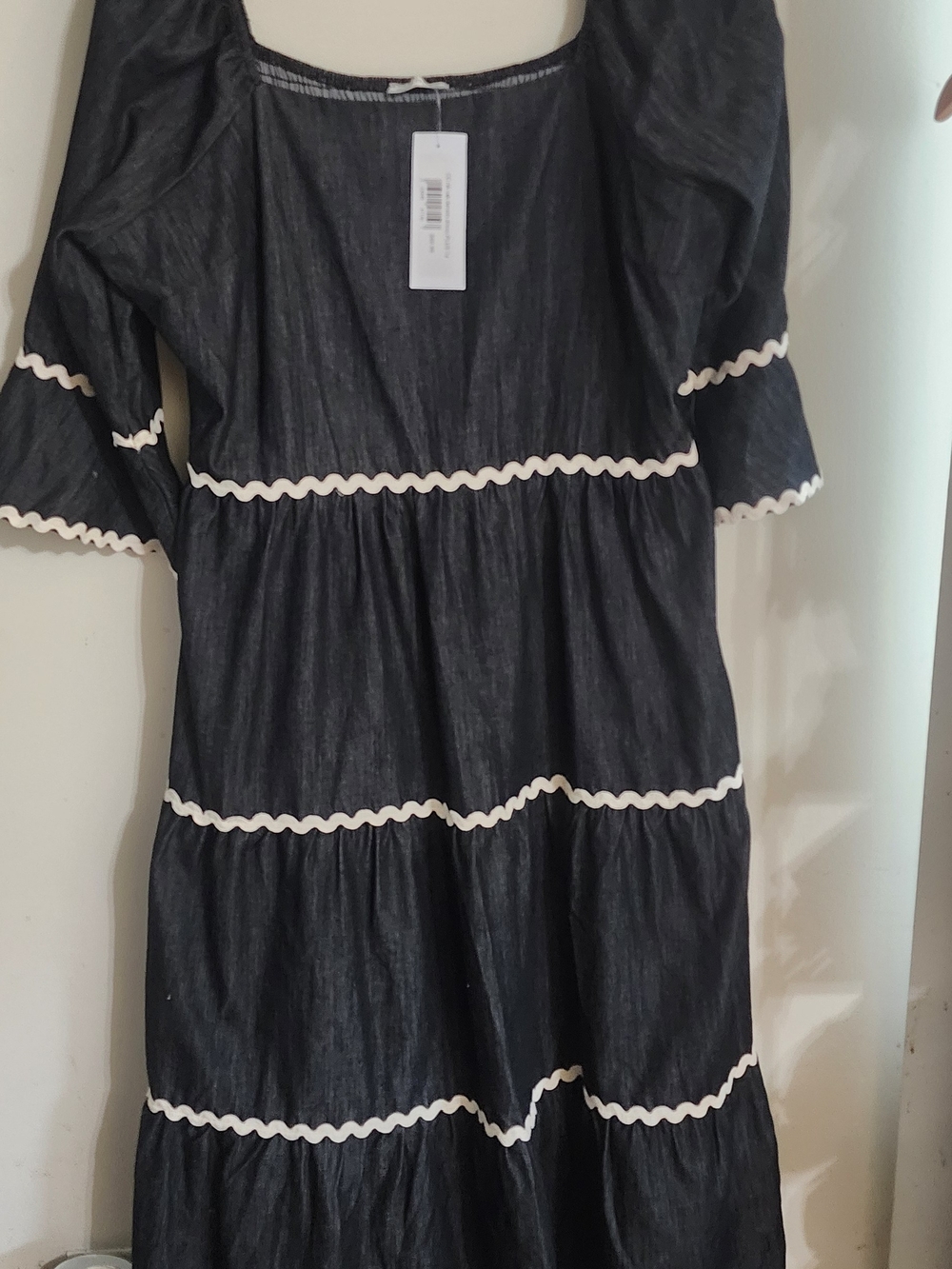 NWT Carole Christian Plus 1X Dark Denim Ric Rac Tiered Midi Dress